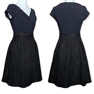 REISS 4 Uma Swiss Dot Fit n' Flare Navy Dress Brocade Chiffon Cap Sleeve